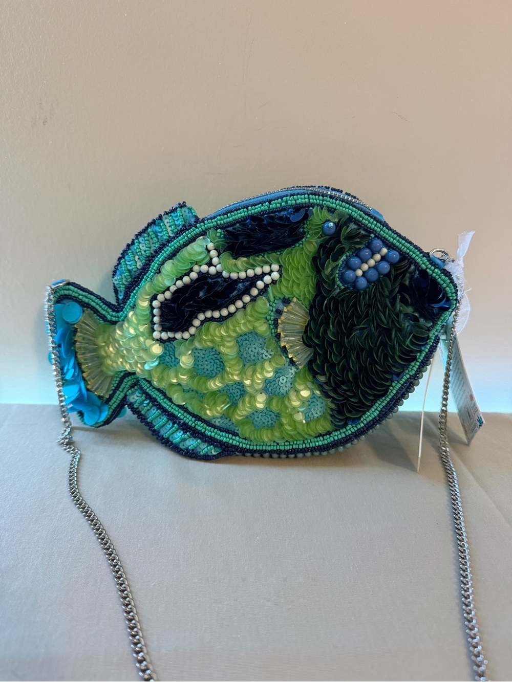 Beaded Fish Crossbody Bag in Teal & Lime